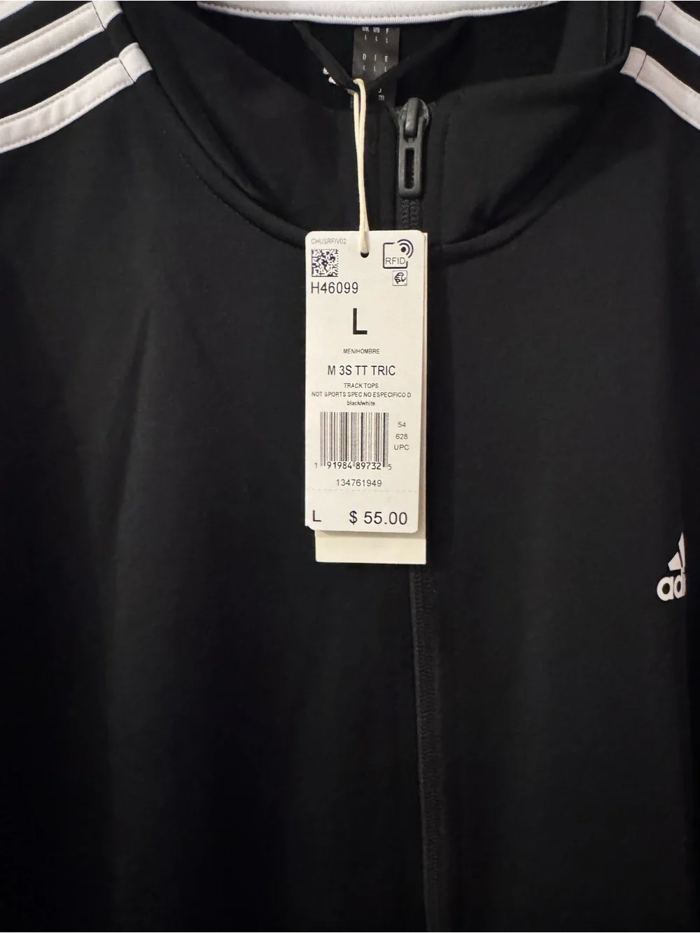 Adidas Men’s Black 3-Stripe Full Zip Track Jacket Size Large NWT